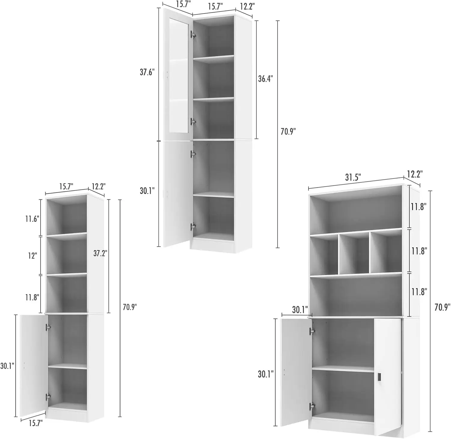 Large Bookshlef Set 3-pc, Tall 5 Shelf Library Bookcase with Cube Compartment , Home Office Display Storage Cabinet, White