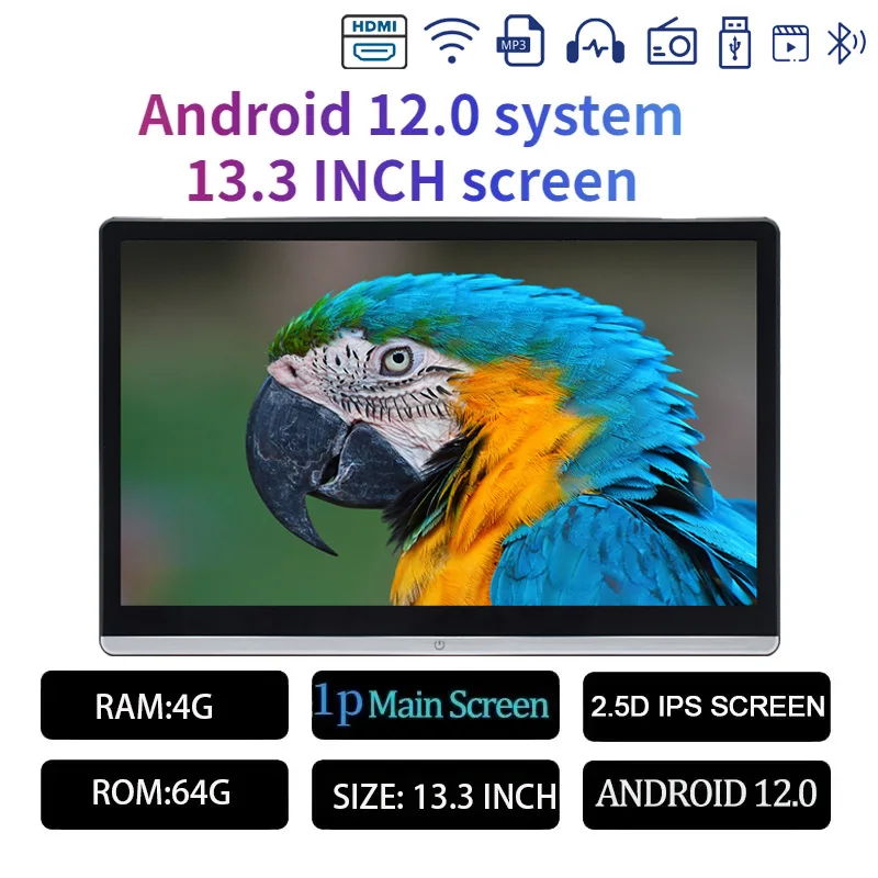 13.3/14 "Auto Hoofdsteun Monitor Display IPS Android 12 2G + 32G/4G + 64G/8G + 128G Touchscreen Voor Auto Achterbank Speler Dual HDMI Muziek - afbeelding 1