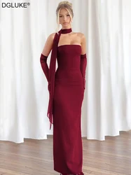 DGLUKE Elegant Strapless Long Dresses Woman Summer Sexy Ruched Bodycon Maxi Dress Burgundy Evening Party Dress With Gloves