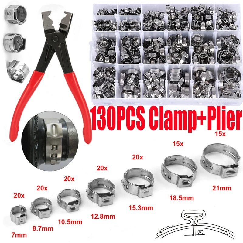 130/80/45pcs 304 Stainless Steel Hose Clamps 5.8-23.5mm Spring Clamps Fuel Water Hose Pipe Clamps Clips  +1PCS Pliers Tool