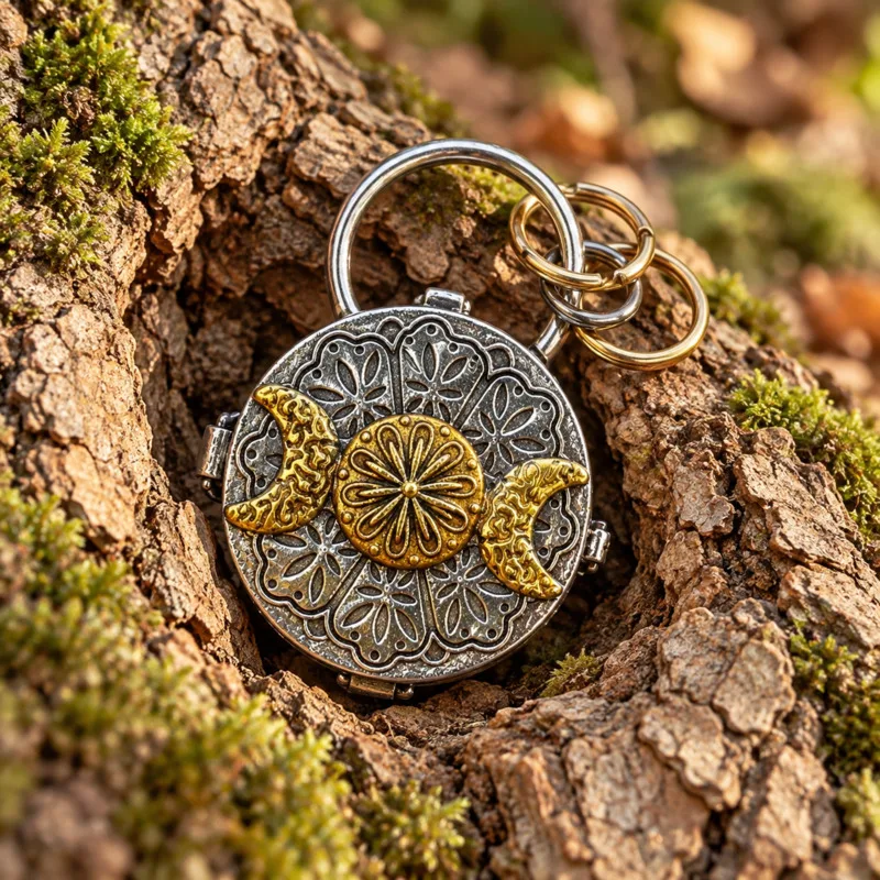 Vintage Triple Moon Locket Pendant Silver Tone Round Amulet Necklace Charms Crystal Holder Wicca Gothic Jewelry Gift For Women
