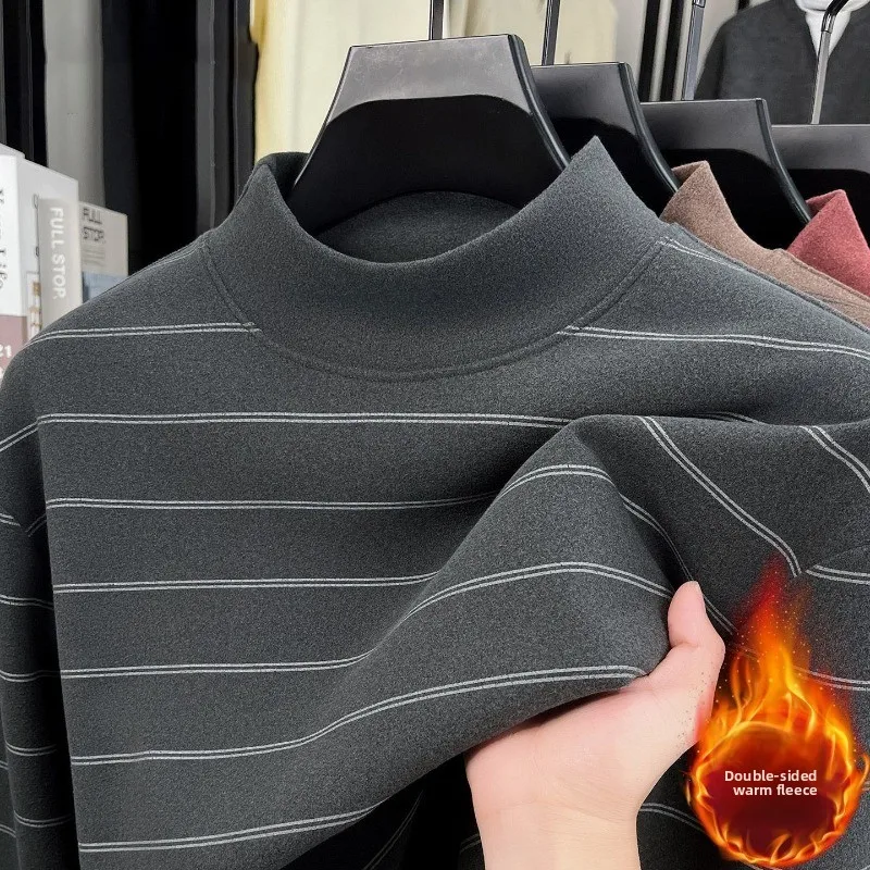 Men Striped Thermal Sweatshirts Loose Double Sided Fleece Lined Warm Pullover Half-neck Collar Soft Comfortable Base Layer Shirt