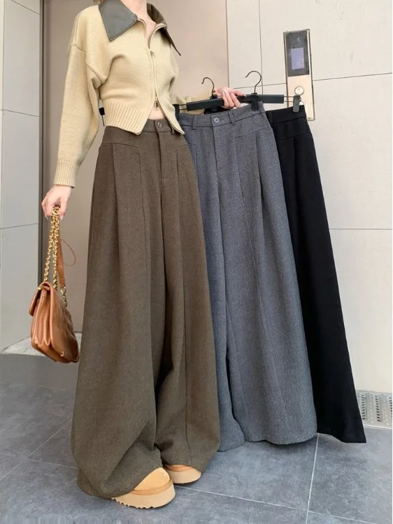 

Женские повседневные брюки с высокой талией и широкими штанинами в ретро-стиле, новинка весны, свободные, стройнящие, модные, простые в сочетании, длинные брюки