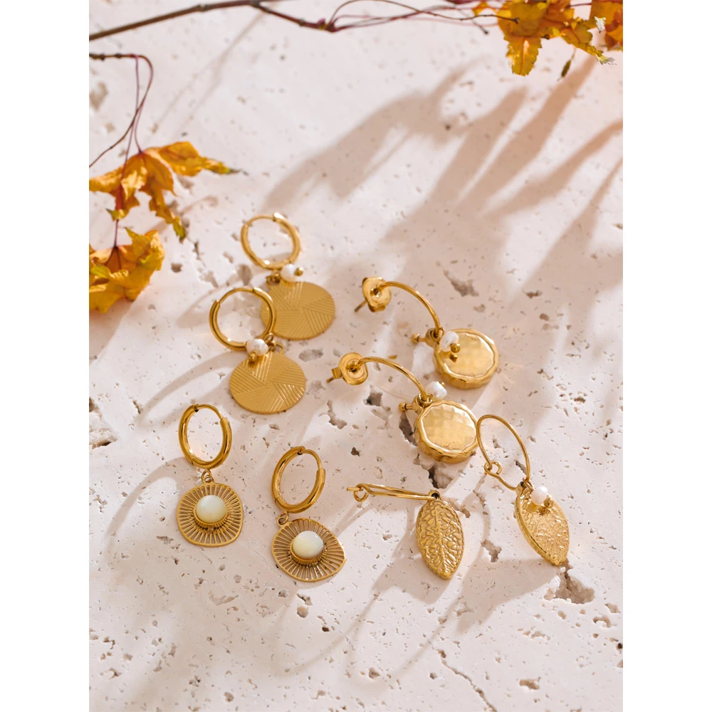 Yhpup New French Style 316L Stainless Steel Round Leaf Drop Hoop Earrings Gold PVD Plated Charm Waterproof Thicker Shell Jewelry