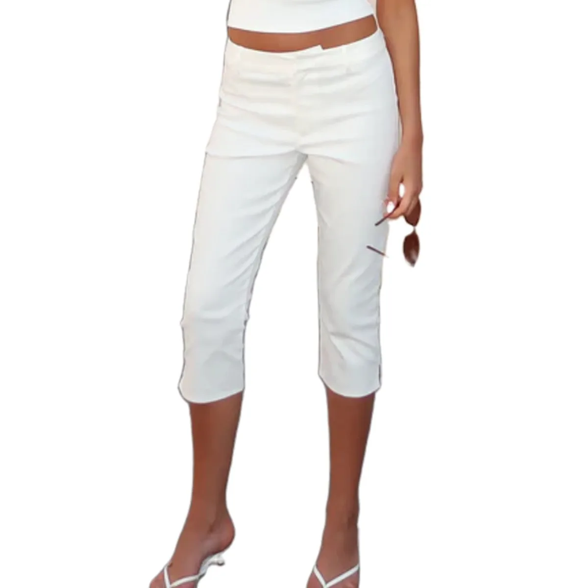 Solid Black Capri Pants Slim Fit Crop Pants Knee Length Side Slit Three Quarter Pants Flat Front Cropped Trousers Mid Rise