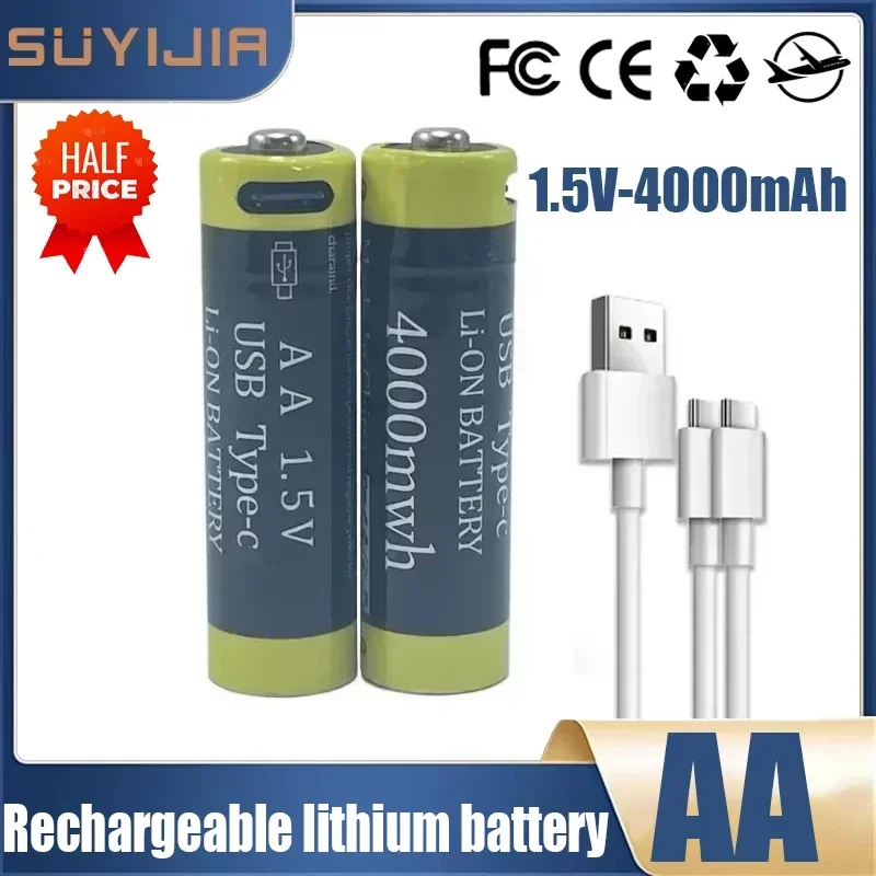 AA 1.5V 4000mAh Battery Rechargeable Li-Ion Battery + USB Type-C Cable for Mouse Remote Control Small Fan Electric Toy Battery