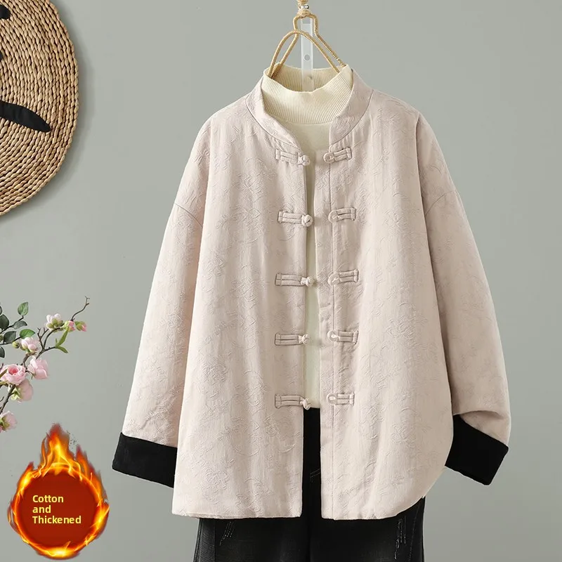 

Новое свободное женское хлопковое пальто в китайском стиле, теплое однотонное ретро, национальный тренд, осенне-зимнее удобное пальто большого размера