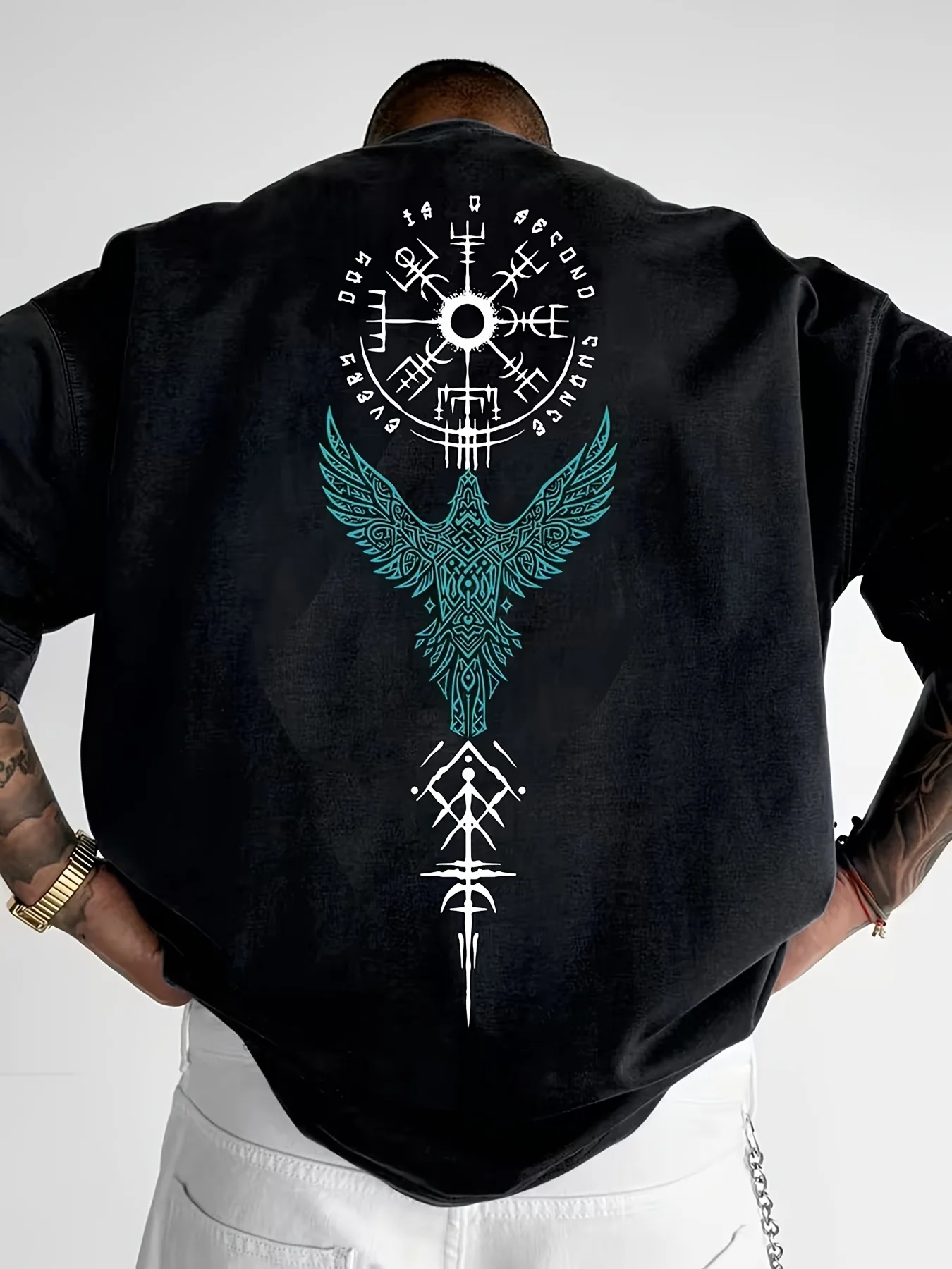 Norse Viking Raven Vegvisir Rune Print Tee Gothic Streetwear Casual 100% Cotton Men's T-shirt Summer Lightweight Everyday Shirts