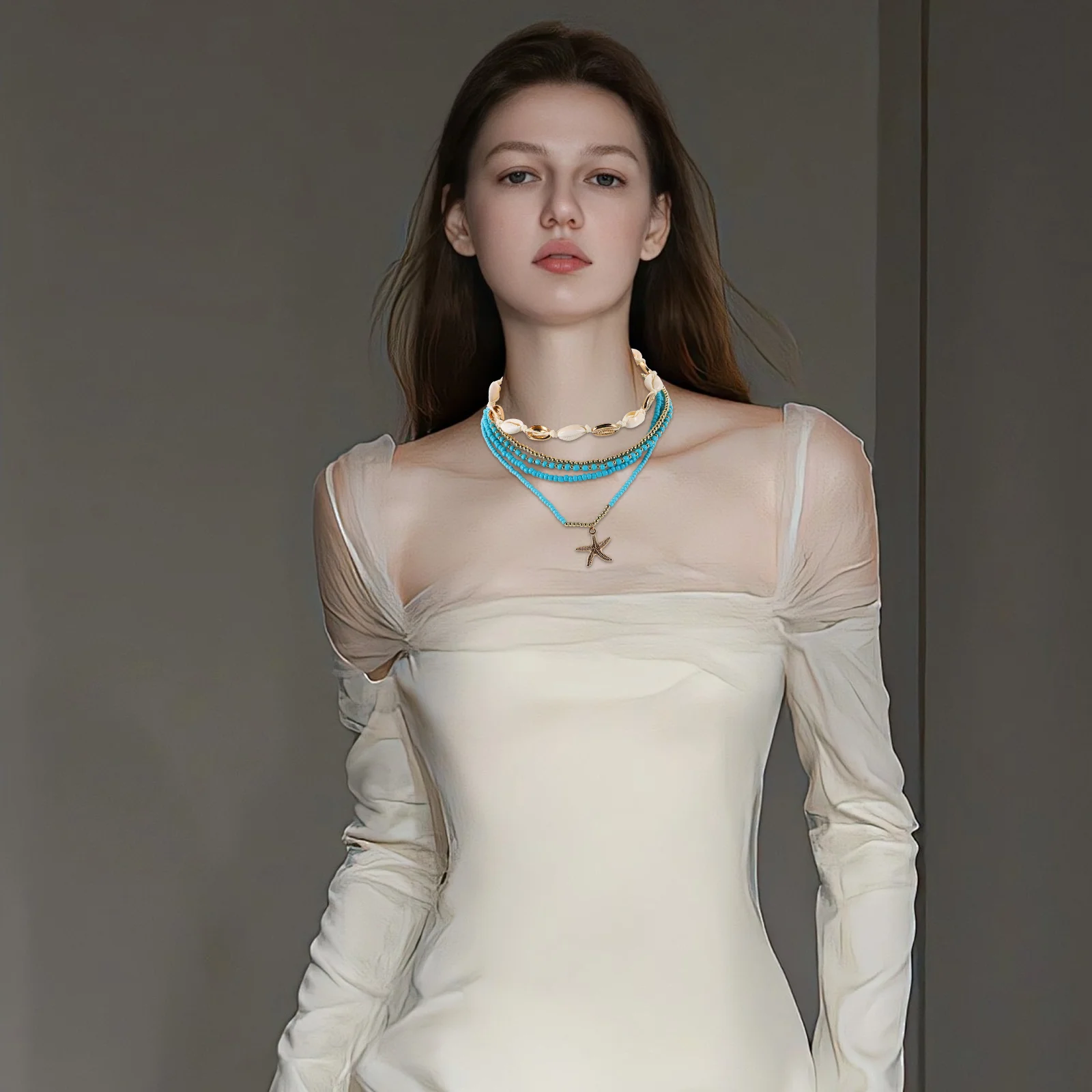 

5Pcs Bohemia Jewelry Set Layered Beaded Necklaces for Women Shells Colorful Chunky Strand Coastal Style