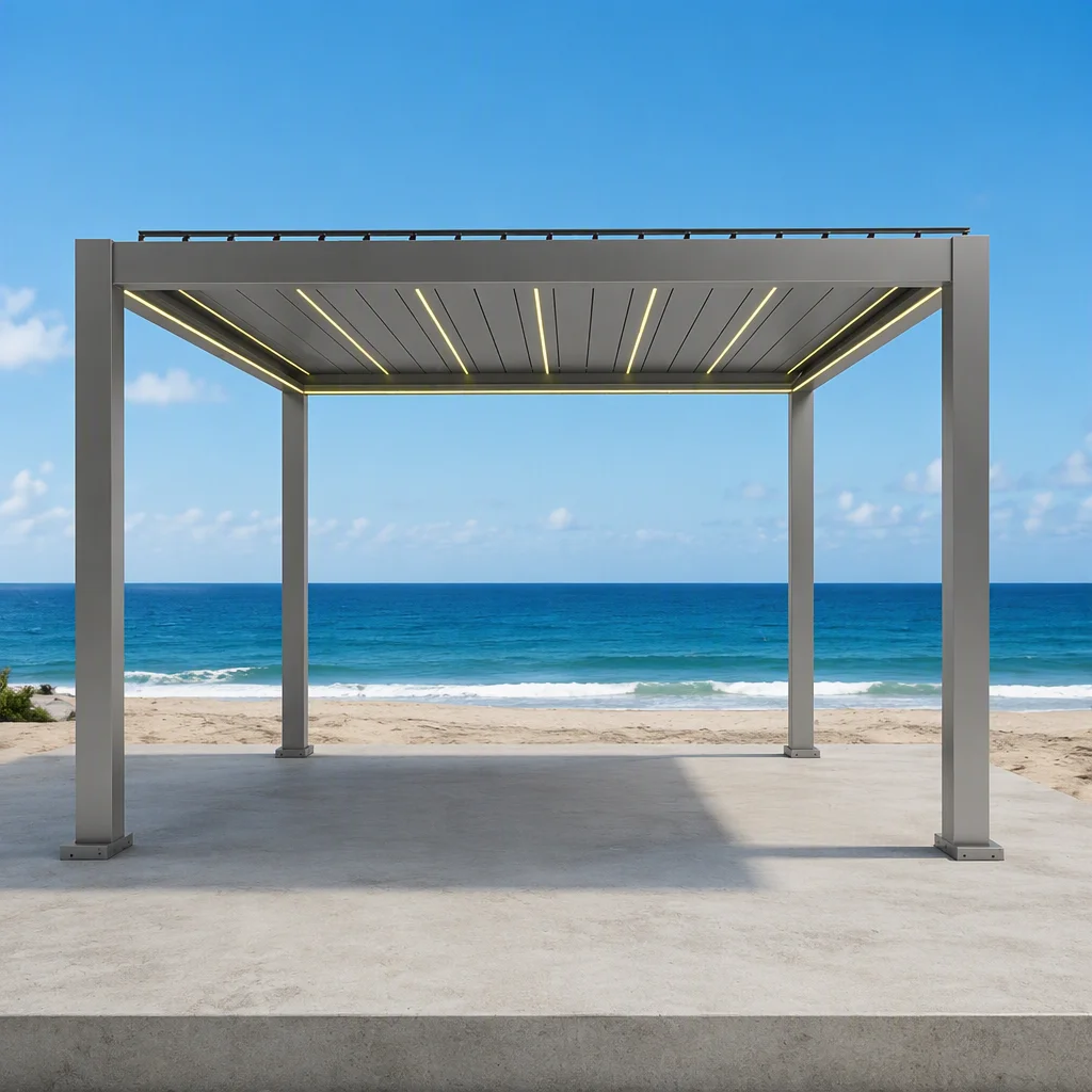 Aluminum Motorized Bioclimatic Pergola Kit Powder Coated Frame Windproof Louvered Roof Screen Eco-Friendly Waterproof Design