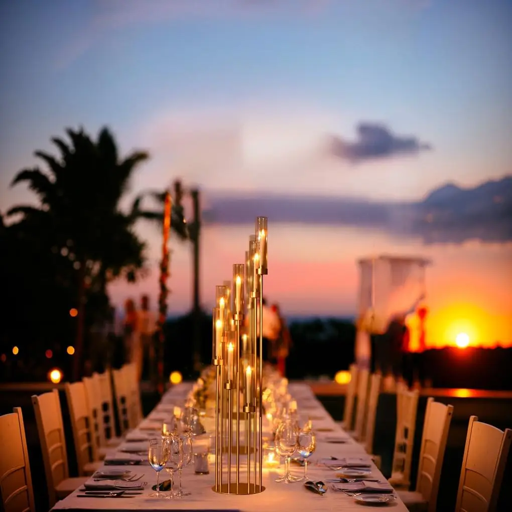 

6Sets Floor Gold Candelabra Wedding for Tables 48inch Tall Clear Candle Holders with Arcylic Lampshades for Birthday Party