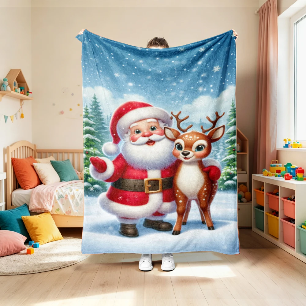 1Pc Flannel Blanket Christmas Theme Santa Claus Snowman And Elk Patterns Printed Blanket, Suitable for Office, Home,Holiday Gift