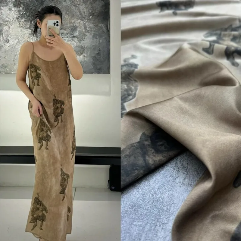 

Khaki printing stretch twill silk fabric dress half skirt set strappy