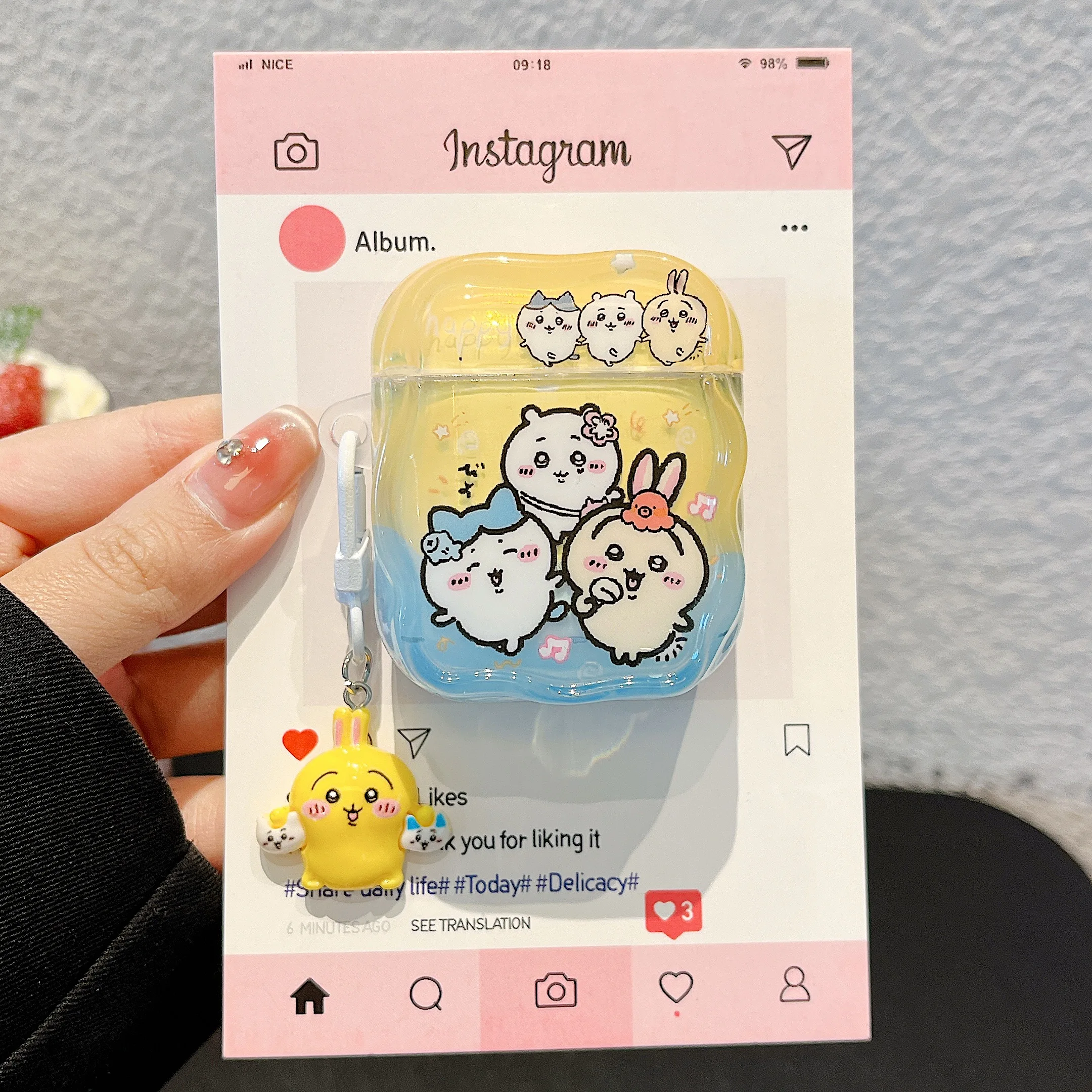 موجة حافة نمط Chiikawa & Hachiware & Usagi Muster مع قلادة سماعة الرأس ل Airpods 2 1 4 3 Pro 2 غطاء مقاوم للخدش