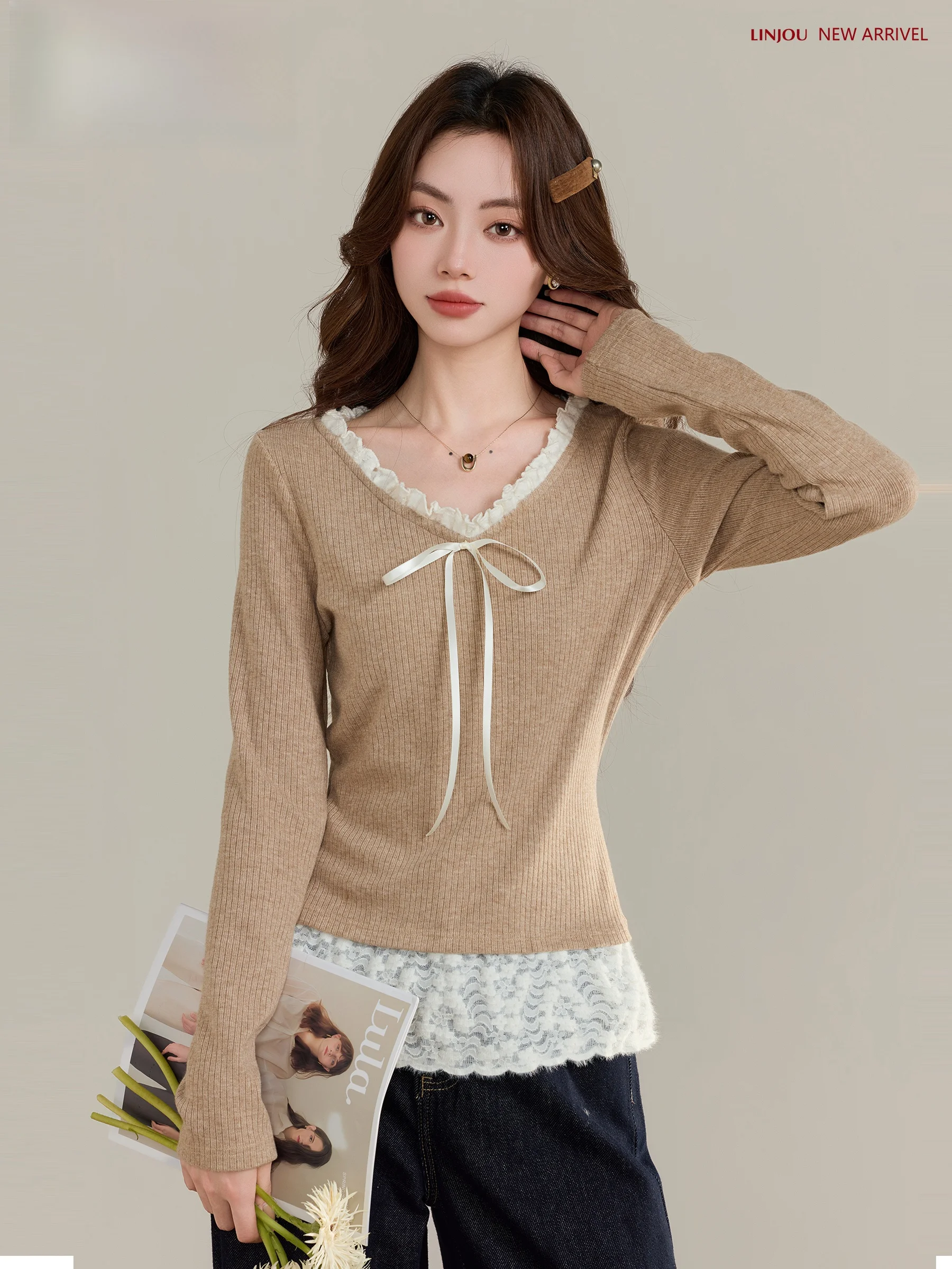 

Вязаный свитер Linjou Spring для женщин: облегающая базовая кофта с V-образным вырезом, из хлопка и полиэстера, с длинным рукавом, для дома