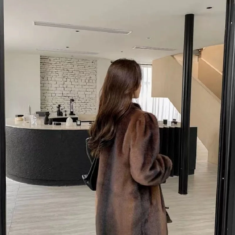 Plush Mink Fur Coat for Women, Luxury Medium Length Soft Thickened Small Round Neck Winter New 2024