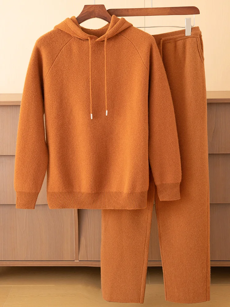 Men Hooded Sweater Suit Cashmere Pullover Thick Casual Pants 100% Cashmere Knitwear Autumn Winter Warm Solid Soft Clothes Set