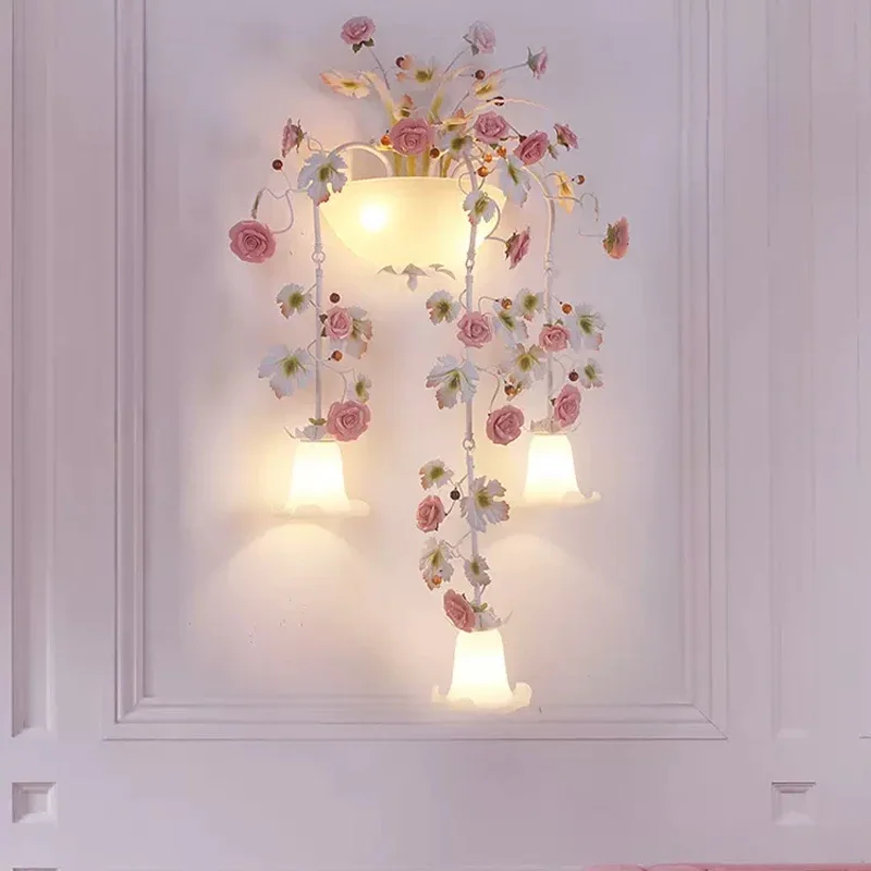 Country Villa Flower and Grass Garden Wall Lights Living Room Iron Art Long Wall Sconce Decorative Duplex Village Entrance Lamp