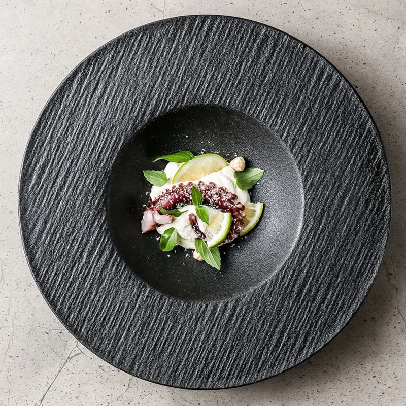 Plato de cerámica nórdico con rayas negras para cenar en casa, ensaladas, asados, plato hondo, resistente a arañazos, vajilla de restaurante, utensilios de cocina.