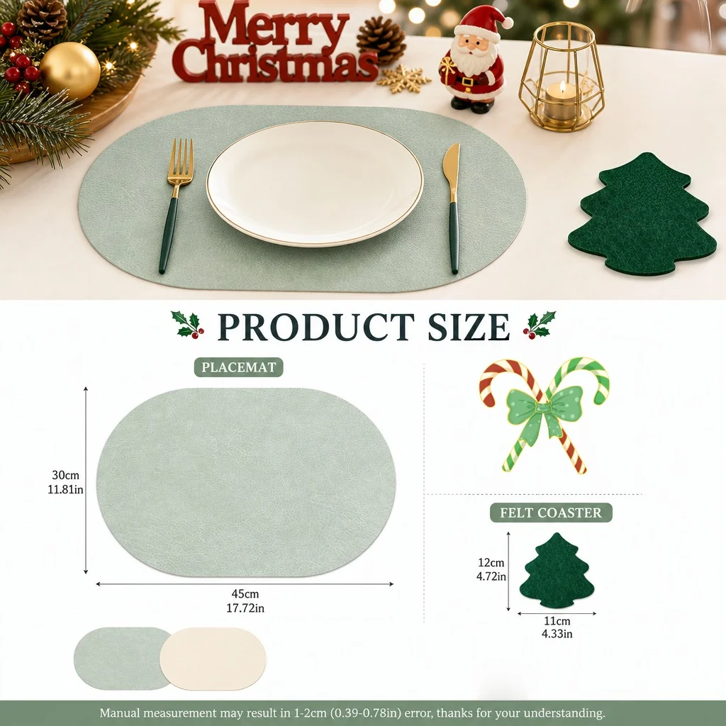 4pcs double-sided two-color PU leather placemats, felt tableware sets, coasters, suitable for Christmas themed restaurants