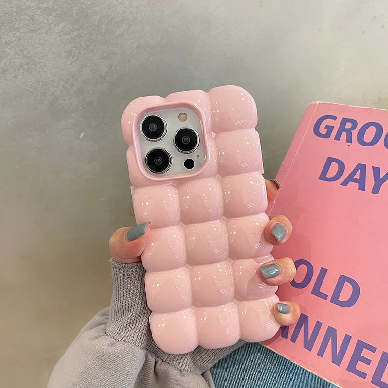 Cute Stylish Bread Chocolate Block 3D Phone Case For iPhone 14 13 12 15 16 Pro Max 11 Glossy Protective Cover Fundas