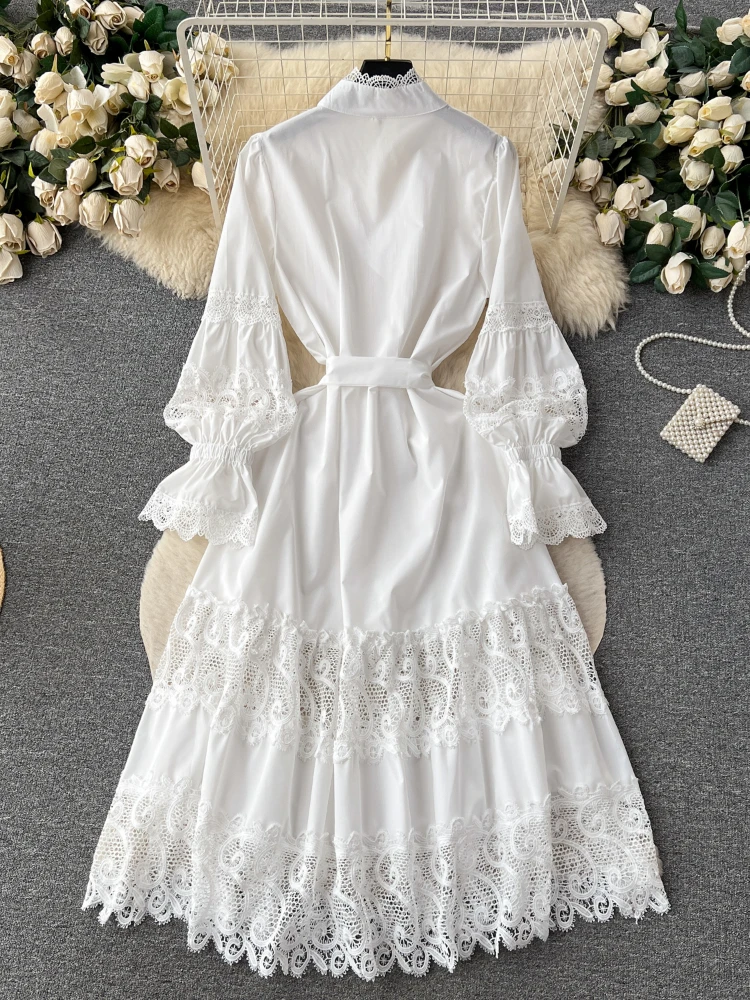 Women Elegant White Pleated Dress Spring Autumn Long Sleeve Fashion Patchwork Lace Dresses Ladies Slim A-line Vintage Long Robe