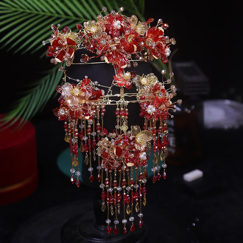 NiuShuya Chinese Traditional Bridal Hairwear Red Ancient Women Hairpins Flower Wedding Jewelry Hair Accessories