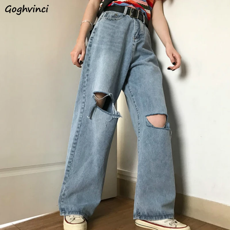 

Jeans Women Holes Casual Ripped Vintage Hip-hop All-match Chic Teens Harajuku Summer Wide Leg Trousers Ulzzang Mopping Popular