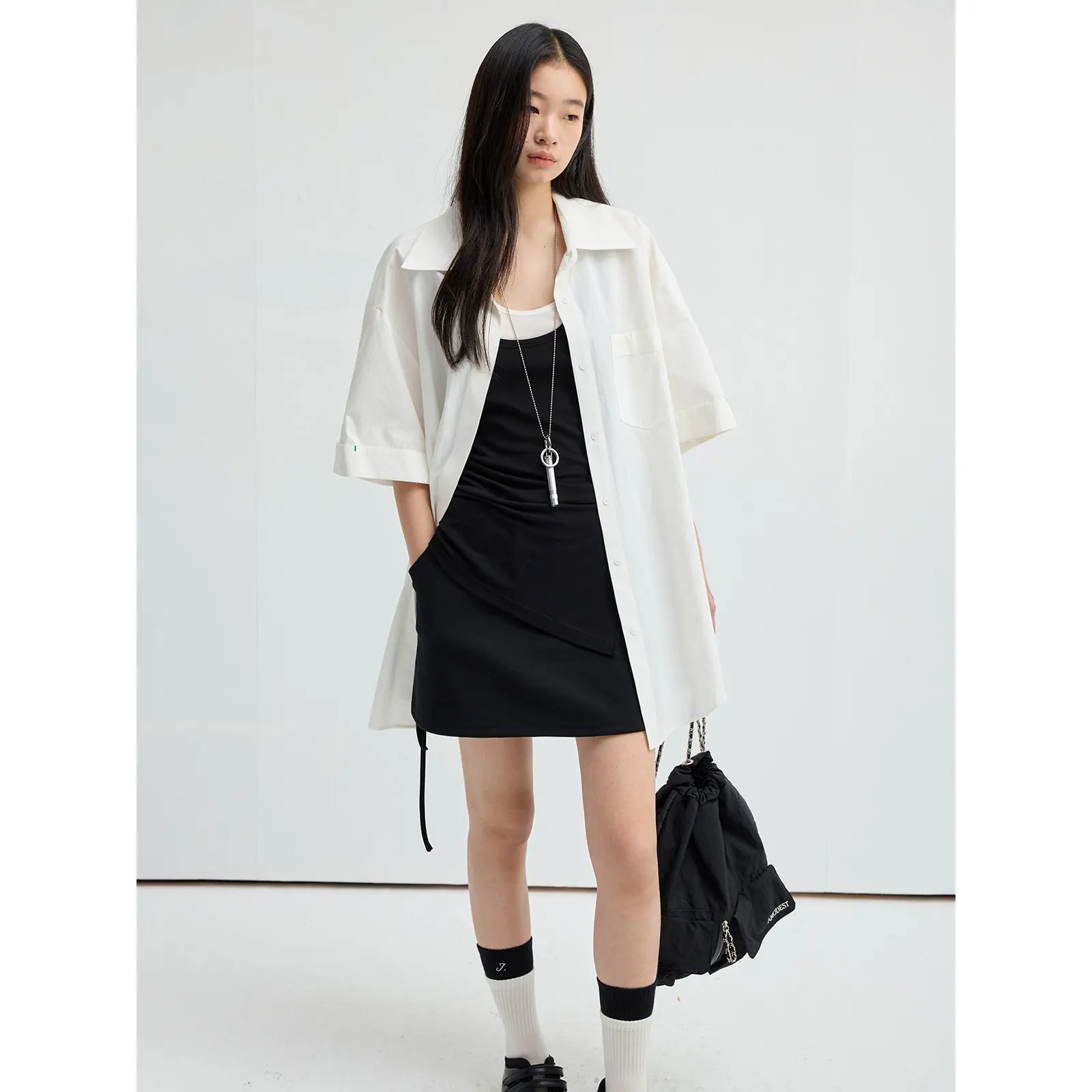 

JUSLIN Casual Loose Fit ort Sve irt Color Blo Vest Women's Faion Geometry Print Turn-down Collar Regular Thin