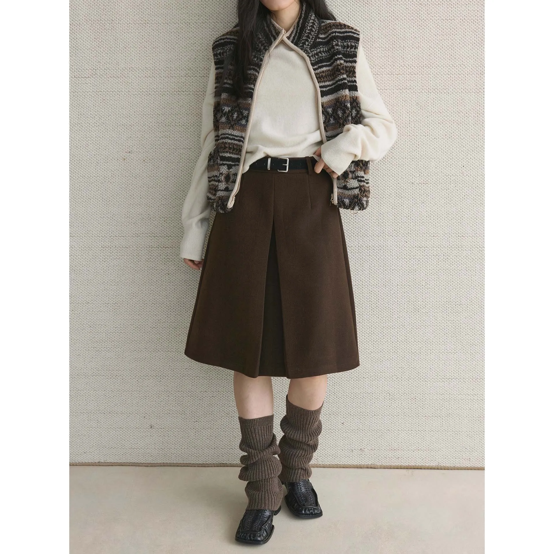 冬のレトロプリーツベルト付きウールAラインミディ丈エレガントでおしゃれなレディーススカート