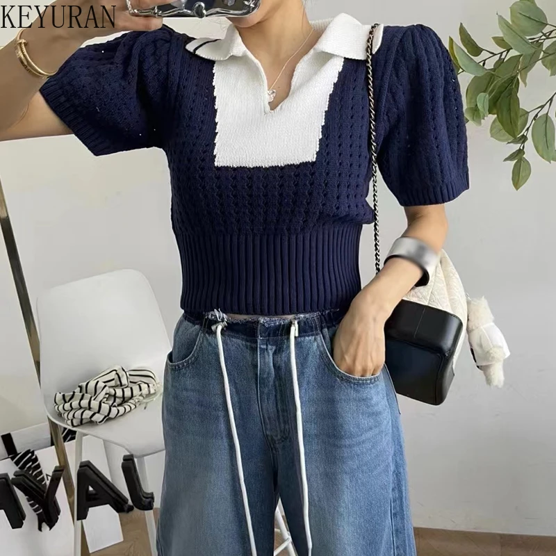 2024 New Summer Korean Chic Short Sleeve Hollow Out Sweater Pullover Fashion Casual Contrast Color Laple Knitted Tops Y2K Jumper