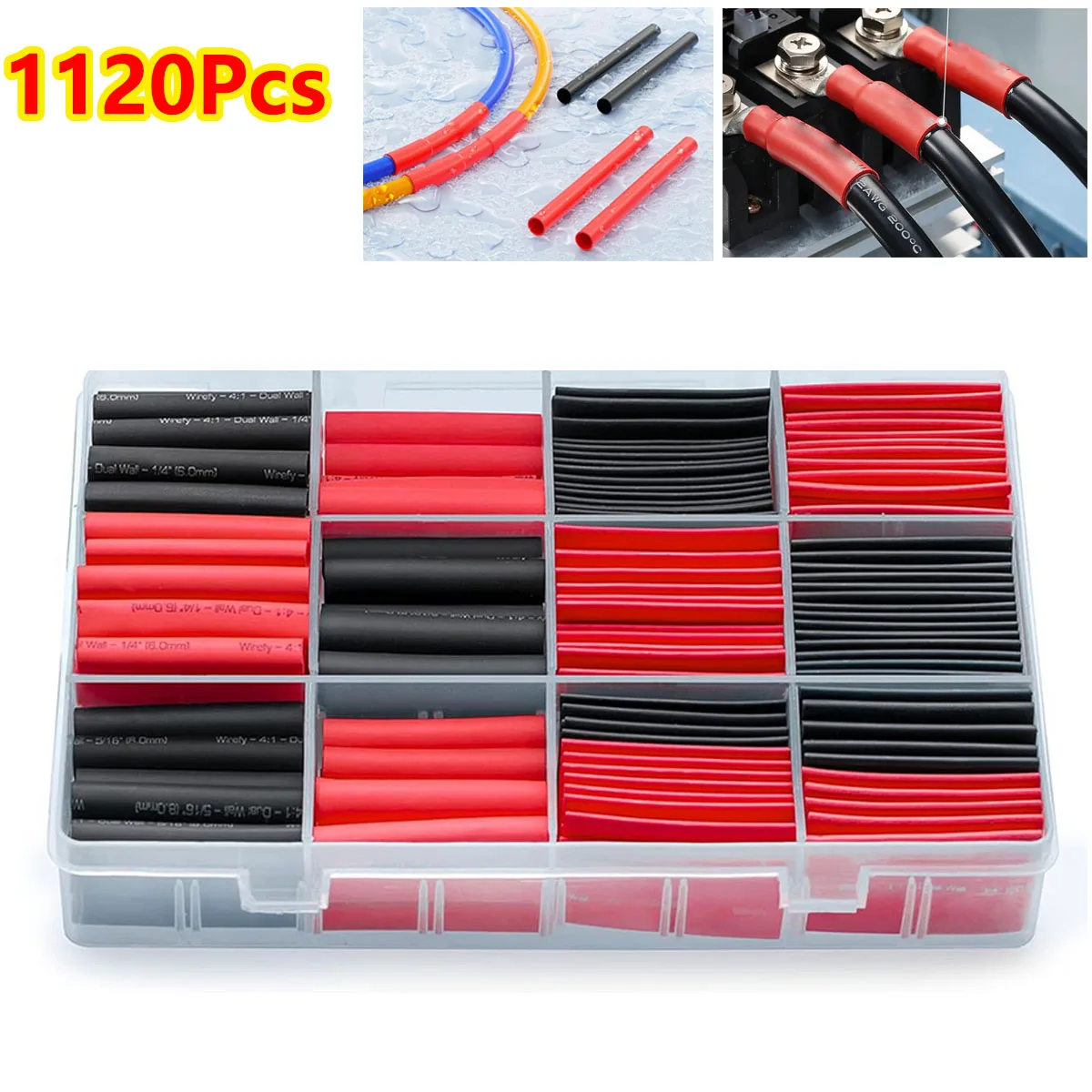 1120Pcs Heat Shrink Sleeving Tube Tube Assortment Kit Electrical Connection Electrical Wire Wrap Cable Waterproof Shrinkage 2:1