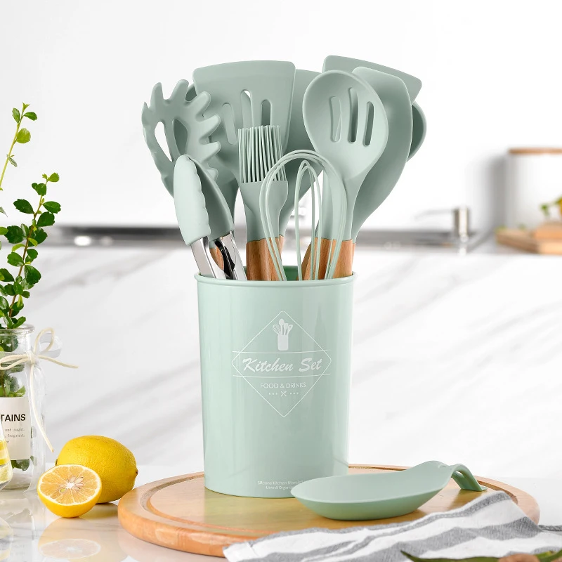 

13Pcs Wooden Handle Silicone Kitchen Utensils With Storage Bucket High Temperature Resistant And Non Stick Pot Spatula Spoon