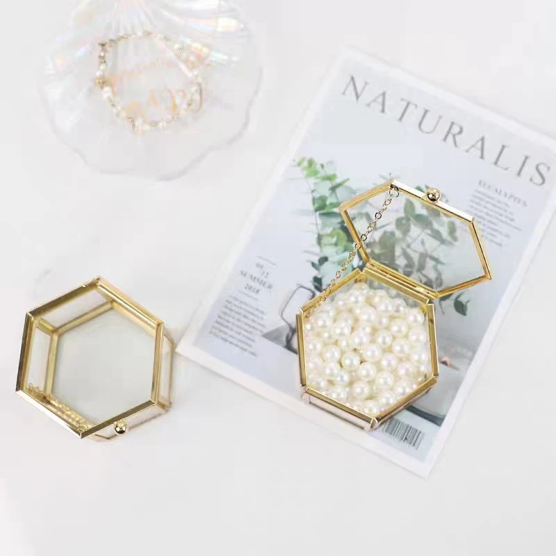 High-end Hexagonal Ring Box Gold And Golden Glass Luxurious And Retro Jewelry Storage Box Jewelry Accessory Box