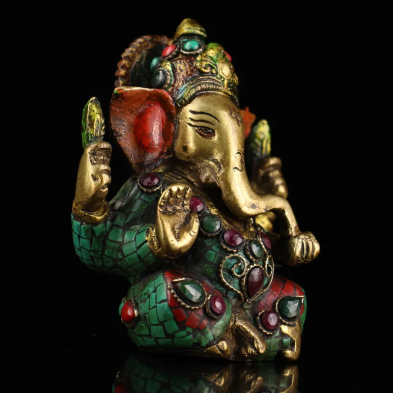 Copper Inlaid Gemstone Painted Gold Tibetan Tantric Elephant God Buddha Statue Antique Collectible Home Decor Craft Wholesale
