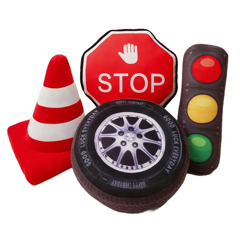 

Plush Traffic Pillow Stuffed Car Tyre Roadblock Signal Lamp STOP Transportation Sign Cushion Decor Plushie Men Gift