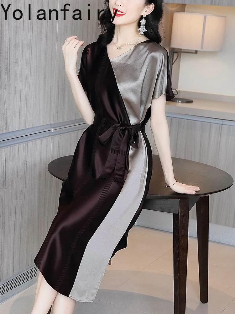 Sukienki damskie YOLANFAIRY, 74% octan, kolekcja lato 2025, delikatne, asymetryczne, eleganckie sukienki w blokach kolorystycznych, sukienka damska z koronkowym wiązaniem, Ropa Mujer