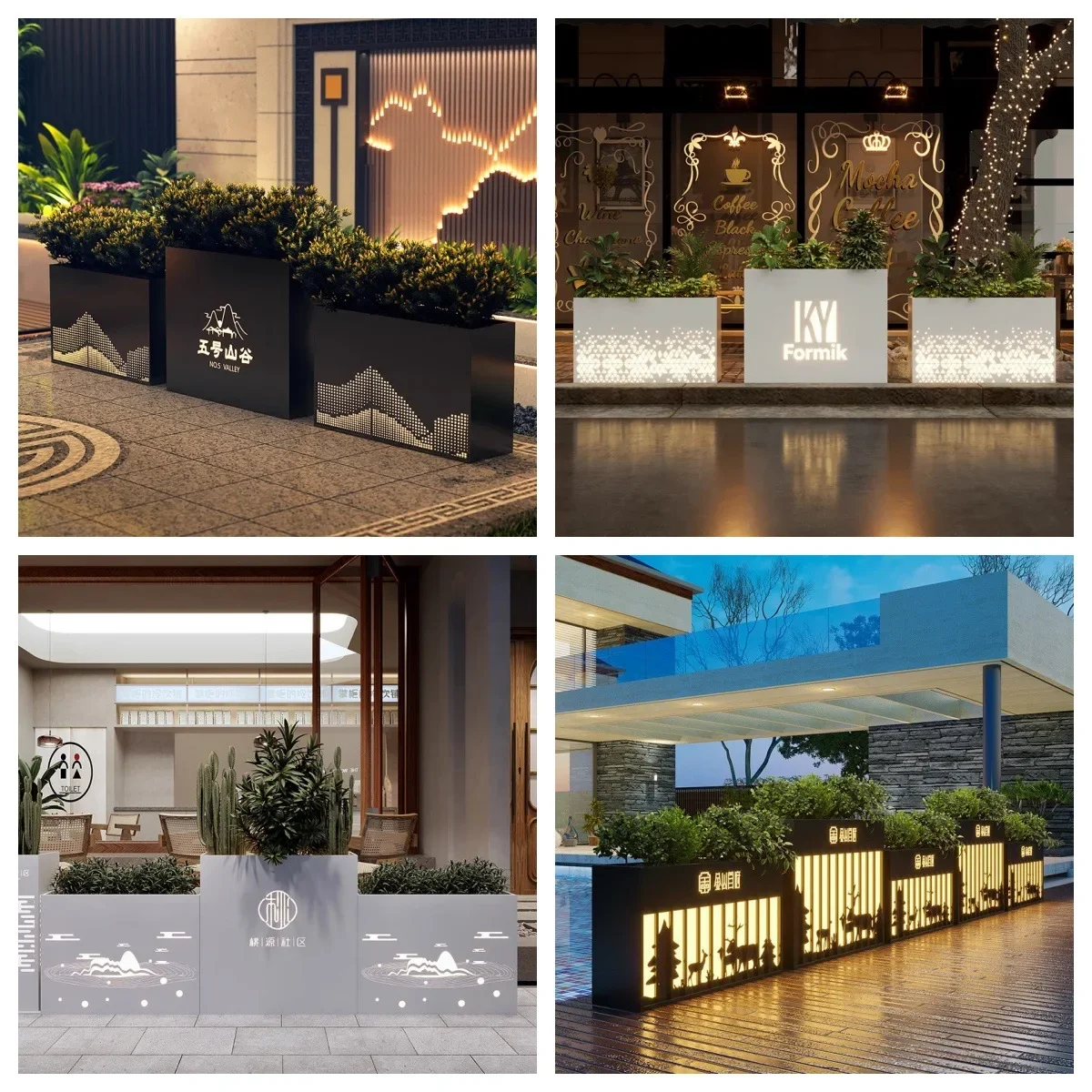 Outdoor stainless steel flower box combination, galvanized steel solar-powered flower trough, bar exterior fence, commercial