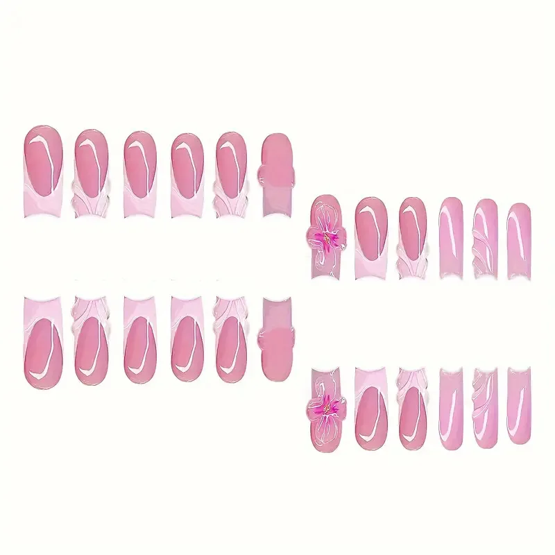 24 szt. Francuskie różowe paznokcie doczepiane z gradientem, lekkie luksusowe płatki z złotymi koralikami, sztuczne paznokcie, elegancki wzór żelowych kwiatów, sztuczne paznokcie.