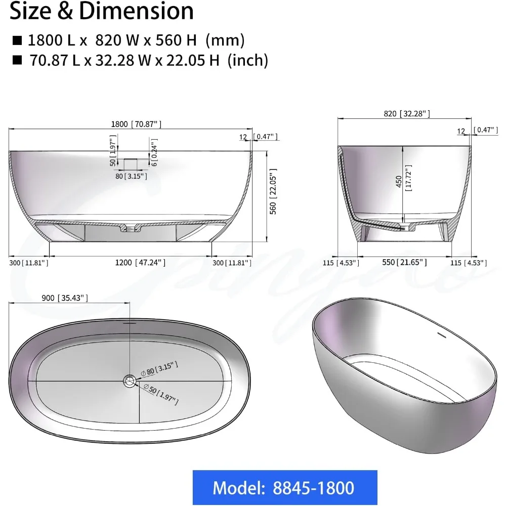 Bathtub, 71 in, Modern Oval Freestanding Soaking Tub with Drain and Integrated Slotted Overflow, Freestanding Tub