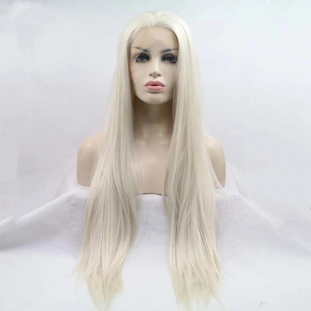 Sylvia Wigs Long Blonde Straight Lace Front Wigs #60 Platinum Blonde Natural Heat Resistant Synthetic Hair Half Hand Tied Wigs