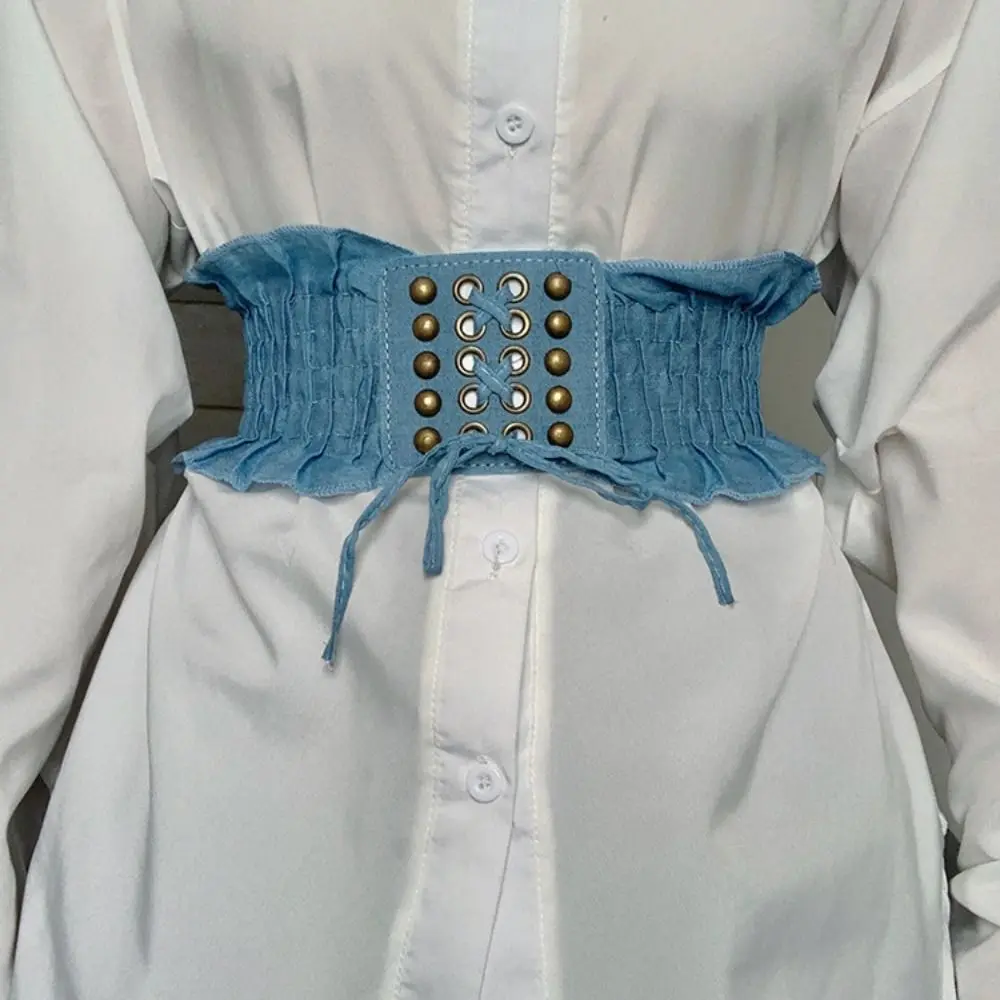 Cintura elastica in tessuto di lusso in denim con fascia elastica in pizzo a vita alta con cintura femminile, abito con cintura larga