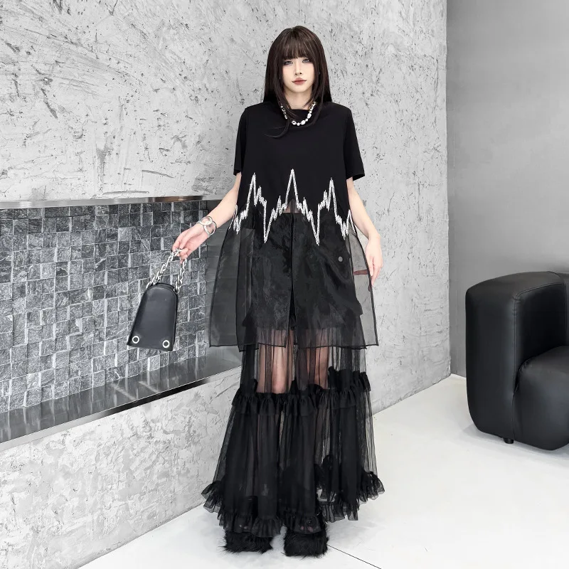 Tannt femmes robe asymétrie maille paillettes Patchwork asymétrie t-shirt robes irrégulière mode Perspective robes noires 2025 nouveau