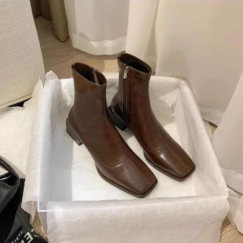 

Женские французские ботильоны с квадратным носком, женские новые стильные модные универсальные легкие износостойкие ботильоны из мягкой кожи