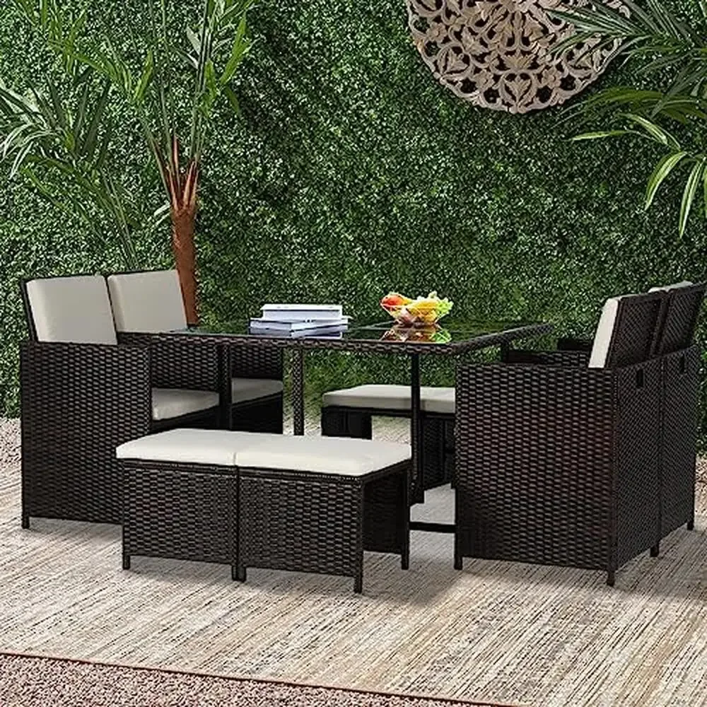 9-Piece Outdoor Patio Furniture Set Space-Saving Wicker Dining Set with Glass Table Top Comfortable Cushions Easy Assembly