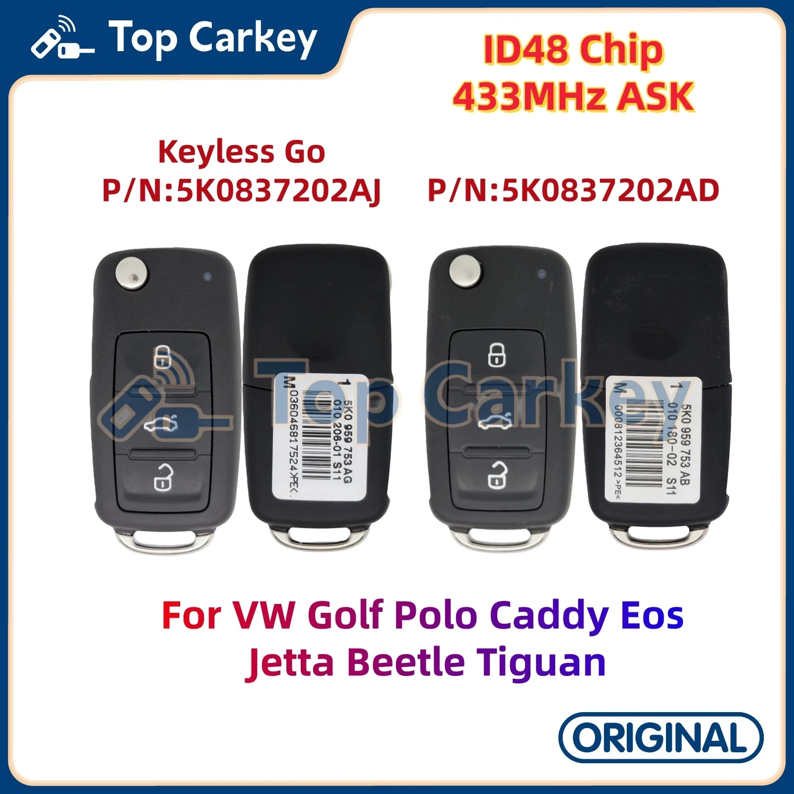 

TopCarkey 5K0837202AD 5K0837202AJ Original Flip Remote Key ID48 Chip 433MHz for VW Golf Polo Caddy Eos Jetta Beetle Tiguan