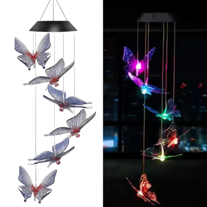 1PC Hanging Solar Garden Decor Light Butterfly Bell Solar Wind Chime Color Changing Solar Lamp Outdoor Waterproof Garden Yard