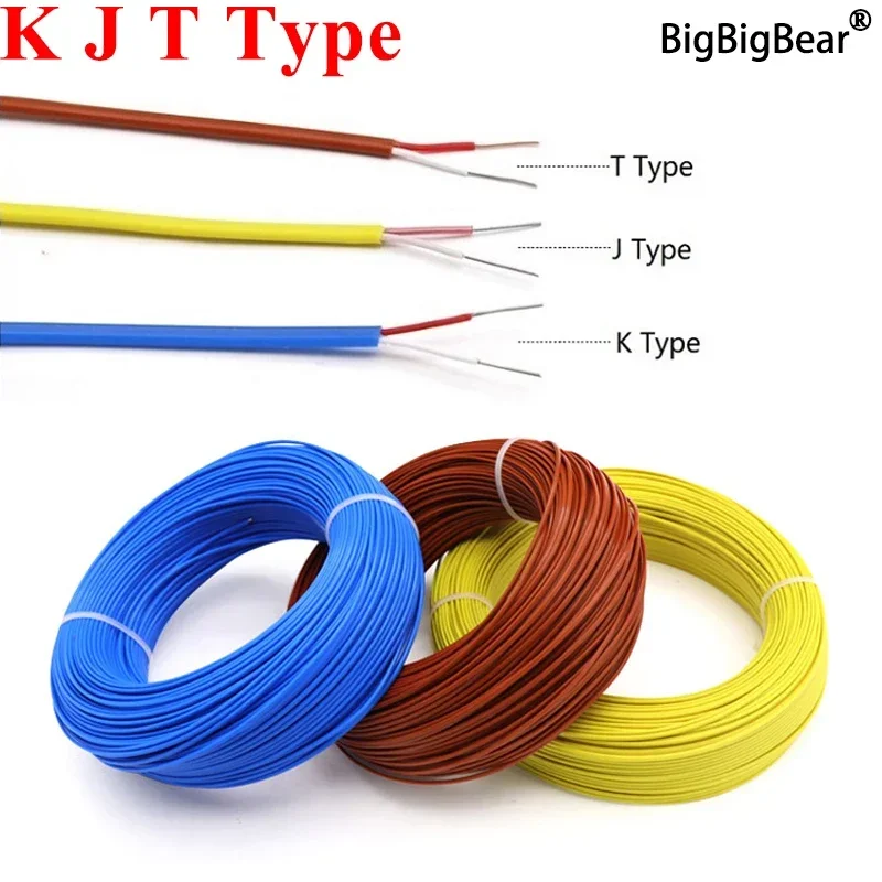 2/5/10/50/100M K J T Type Thermocouple Wire 2 Cores PTFE Insulator Shielded Line High Temperature Measuring Compensation Cable