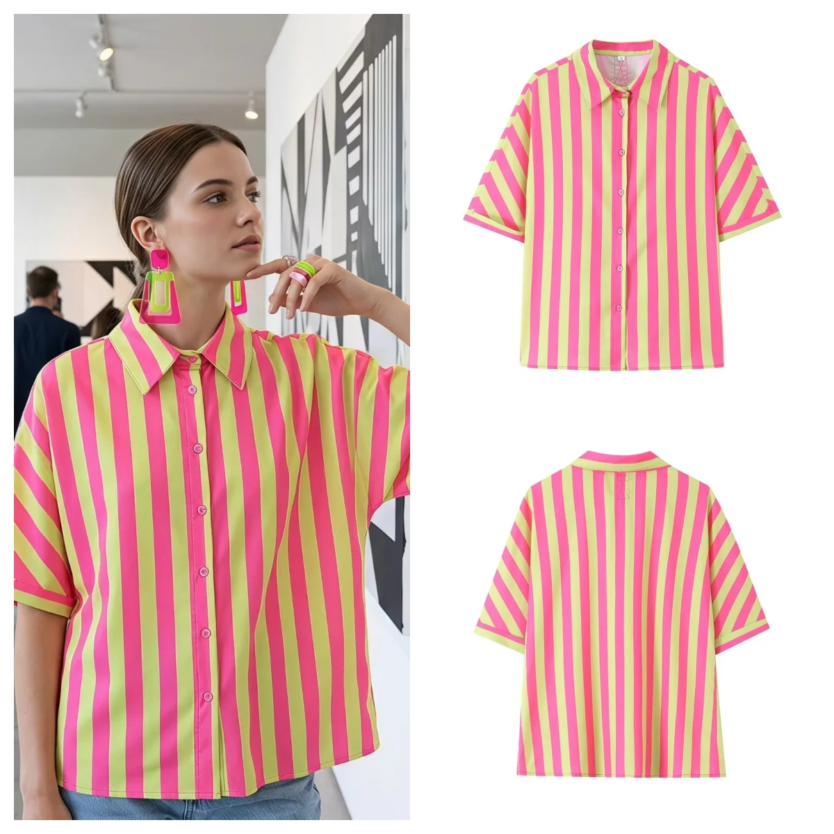 Guobioziy Women's Striped Shirt 2026 New Summer Women's Turn-Down Collar Short Sleeve Shirt Fashionable Casual Women's Top
