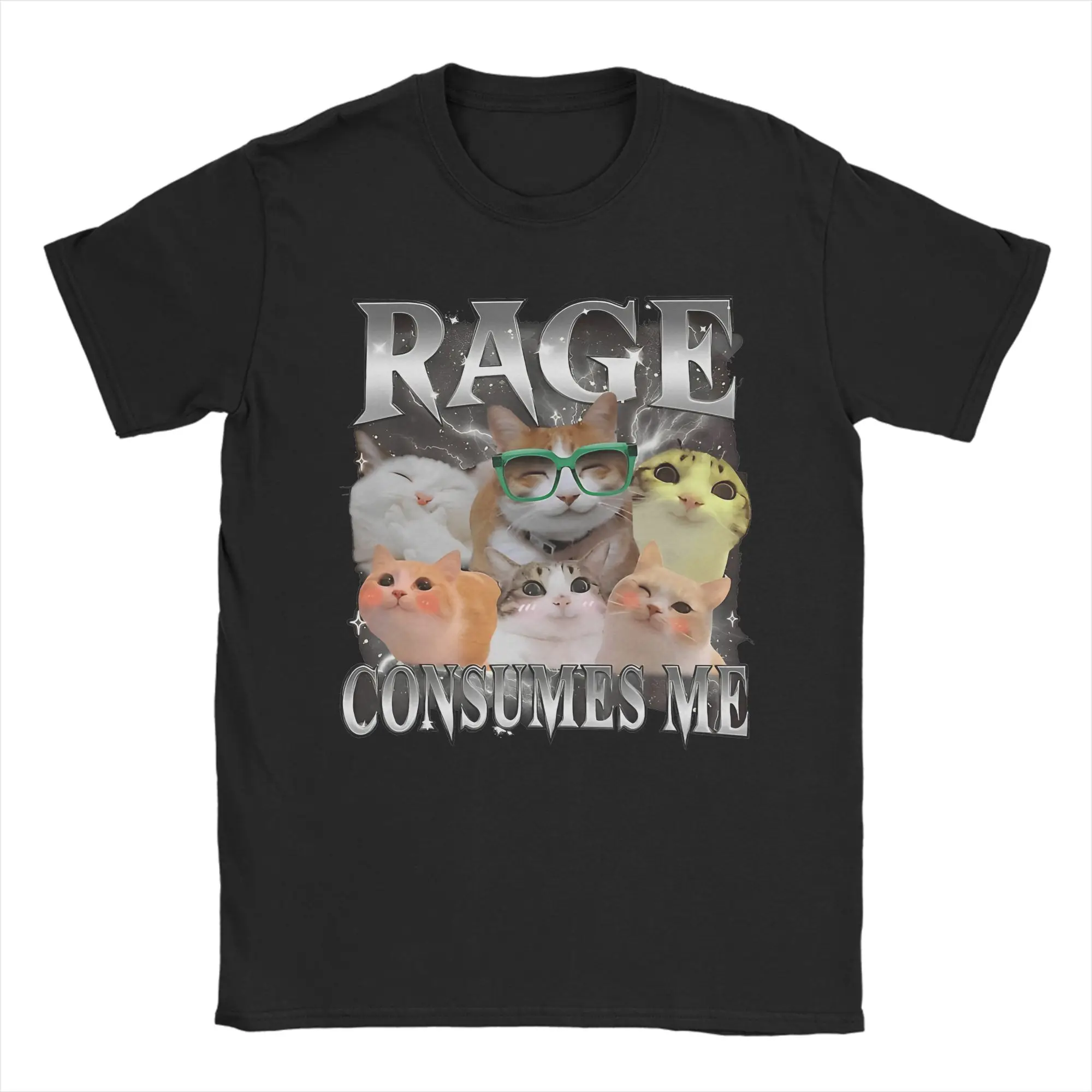 Rage Consumes Me Cat T-Shirts Men Women Silly Staring Cat Pure Cotton Tees Round Collar Short Sleeve T Shirt Big Size Clothes